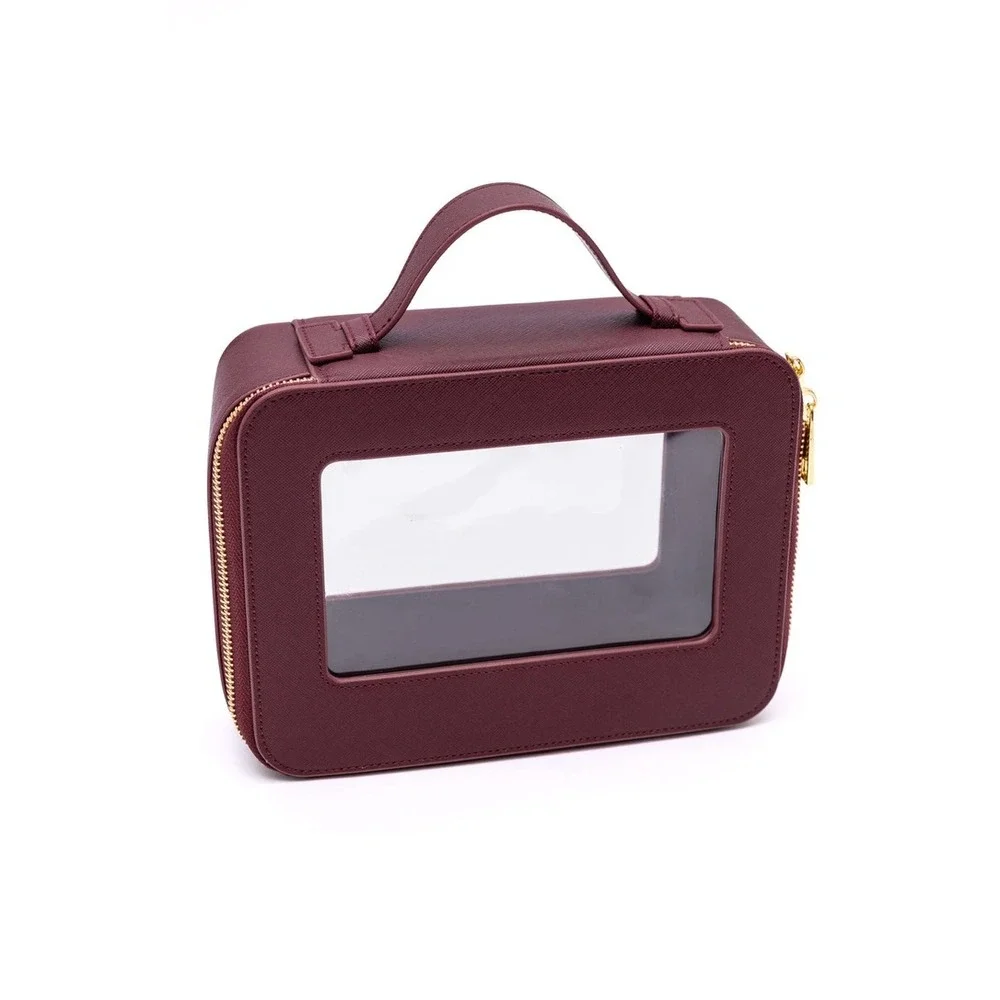 Wine PU Leather Travel Cosmetic Case Clear Window Makeup Bag NWT
